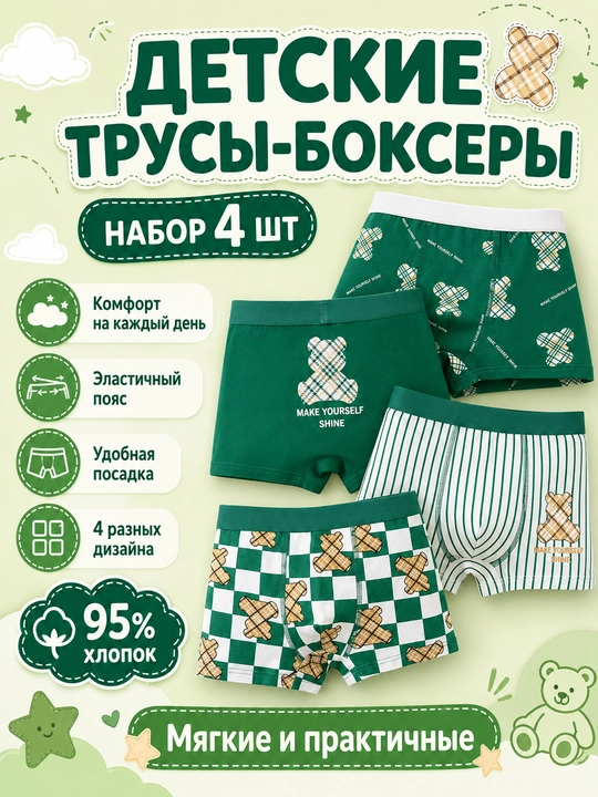 Детские трусы-боксеры для мальчиков, набор 4 шт, хлопок 95% - 