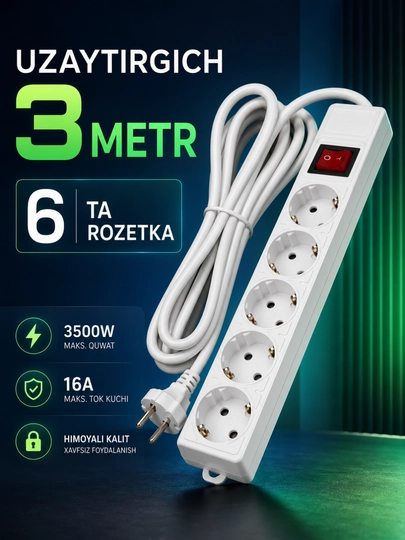 Udlinitel Pilot 3 metr 6 rozetkali kalitli tarmoq filtri 16A 220V oq - 