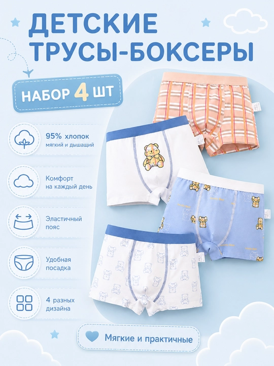 Детские трусы-боксеры для мальчиков, набор 4 шт, хлопок 95% - 