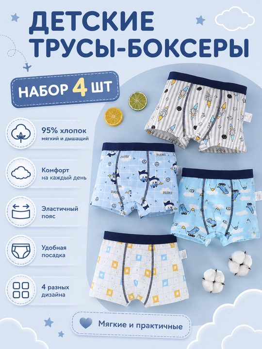 Детские трусы-боксеры для мальчиков, набор 4 шт, хлопок 95% - 