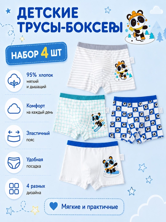 Детские трусы-боксеры для мальчиков, набор 4 шт, хлопок 95% - 
