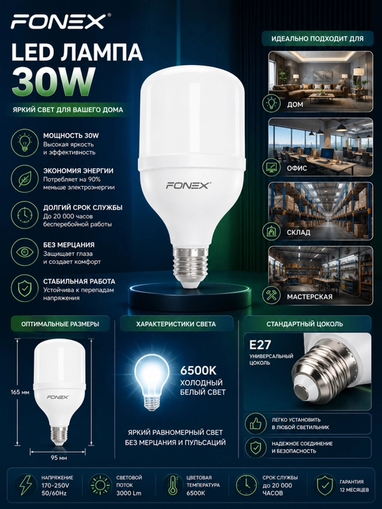 Светодиодная лампа FONEX LED 30W E27 6500K холодный белый свет 220-240В гарантия 1 год