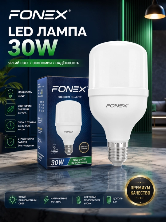 Светодиодная лампа FONEX LED 30W E27 6500K холодный белый свет 220-240В гарантия 1 год - 
