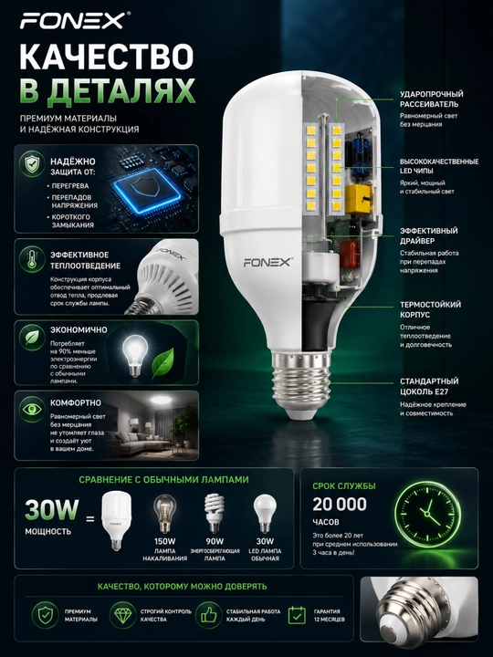 Светодиодная лампа FONEX LED 30W E27 6500K холодный белый свет 220-240В гарантия 1 год