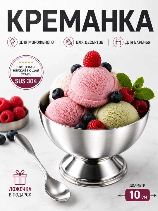 Креманка для мороженого и десертов с ложкой, вазочка для десертов, металлическая розетка - 