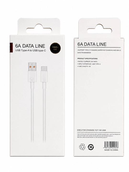 USB Type-C zaryadlash kabeli, telefon uchun, 1 metr, 6A gacha, USB-A – Type-C