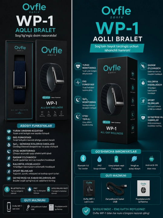 Smart Premium Bracelet Ovfle WP-1 Stress Nazorati va 100+ Sport Rejimlar