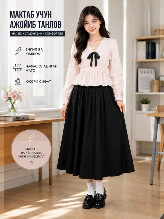 Qizlar uchun oq maktab koftasi + qora bantli + uzun yengli + bluzka - 