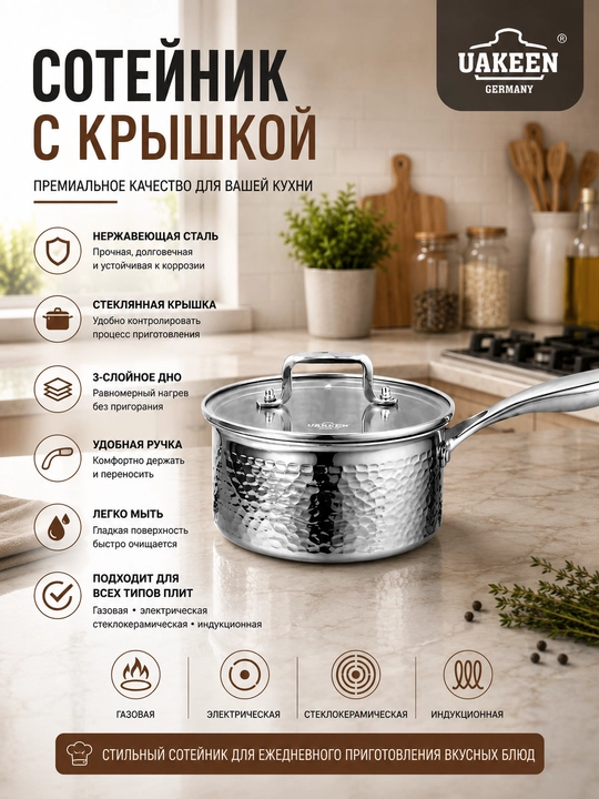 Сотейник UAKEEN с крышкой, нержавеющая сталь, для всех типов плит - 