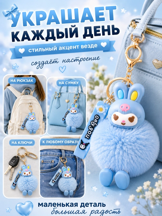 Мягкий брелок Kuromi с пушистым помпоном для ключей и сумки, лавандовый
