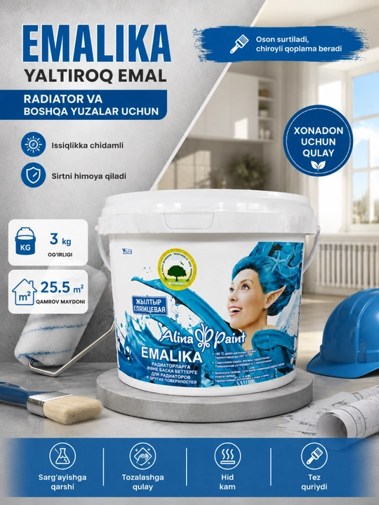 Alina Paint Emalika yaltiroq emal bo'yoq, radiator, metall, yog'och - 
