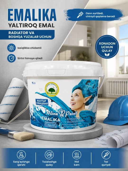Alina Paint Emalika yaltiroq emal bo'yoq, radiator, metall, yog'och