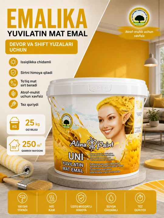 Alina Paint Emalika yaltiroq emal bo'yoq, radiator, metall, yog'och - 