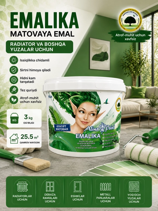 Alina Paint Emalika yaltiroq emal bo'yoq, radiator, metall, yog'och - 