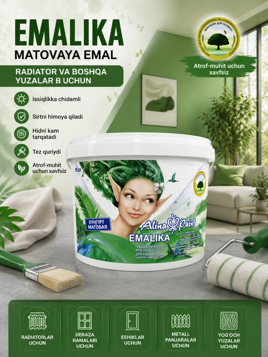 Alina Paint Emalika yaltiroq emal bo'yoq, radiator, metall, yog'och