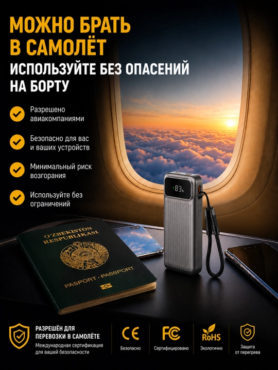 Повербанк 10 000 мА·ч, 22,5 Вт, быстрая зарядка, встроенные кабели Lightning и Type-C