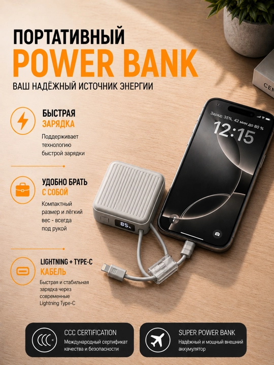 Power bank 10000 mAh, power bank 22.5W,  tezkor quvvatlash Lightning/Type-C kabeli bilan