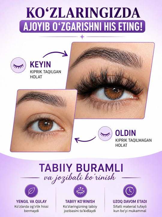 3D hajmli yopishtirilgan kipriklar, tabiiy ko‘rinish, 10 juft