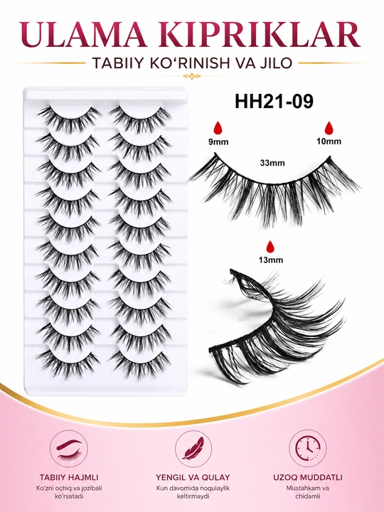 3D hajmli yopishtirilgan kipriklar, tabiiy ko‘rinish, 10 juft - 