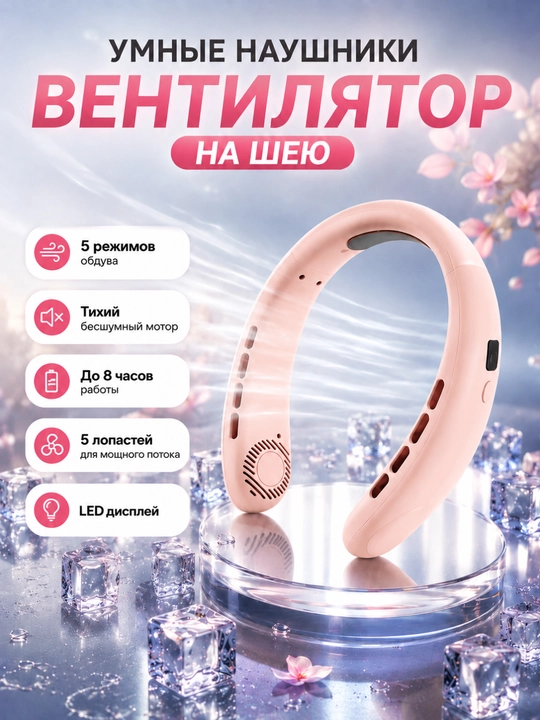 Компактный шейный вентилятор с мощным обдувом и LED дисплеем - 