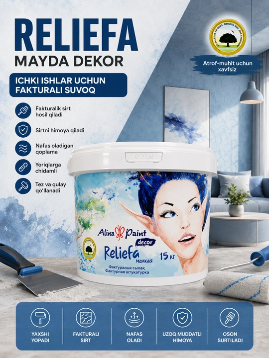 Alina Paint Reliefa Mayda Dekor dekorativ suvoq, ichki devorlar uchun - 