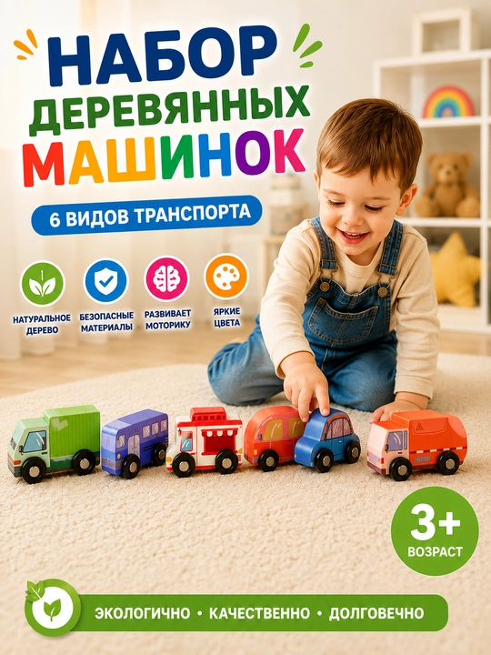 Yog‘och mashinalar, 6 ta to‘plam, rivojlantiruvchi o‘yinchoq, bolalar uchun transport, Montessori - 