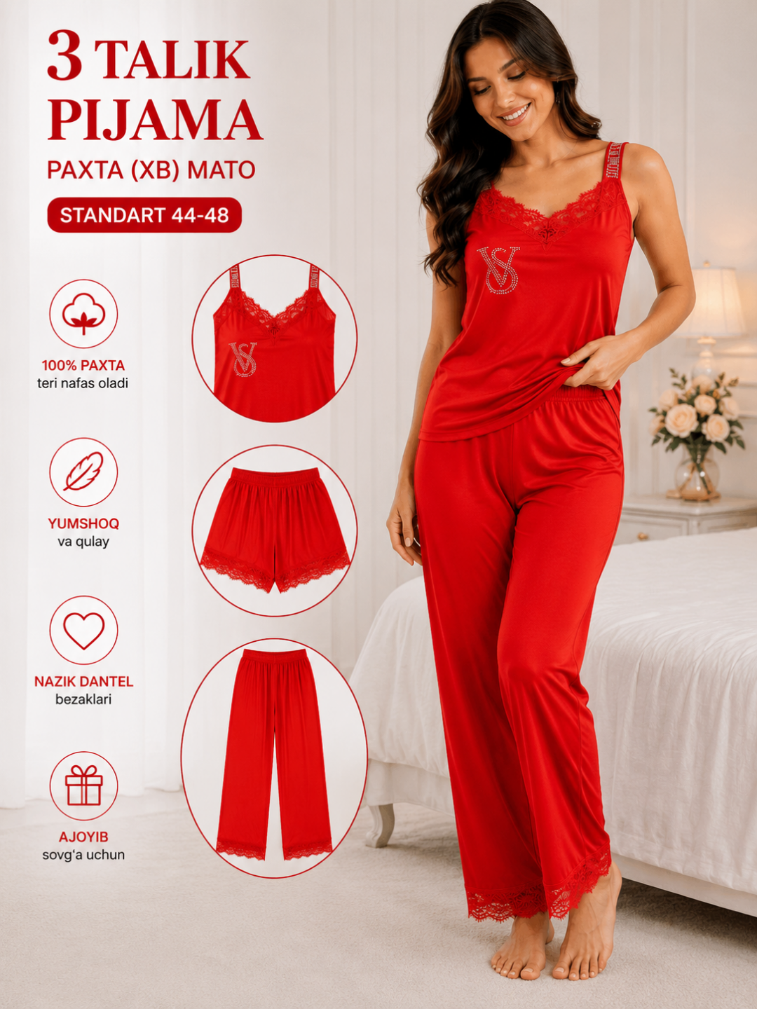 Ayollar pijamasi, 3 talik to'plam, tungi kiym, uy kiyim, 100% paxta matoli, yumshoq pijama - 