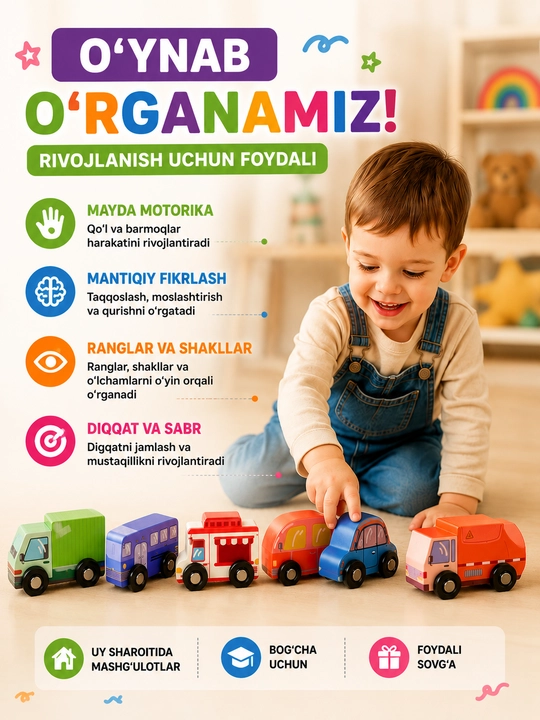 Yog‘och mashinalar, 6 ta to‘plam, rivojlantiruvchi o‘yinchoq, bolalar uchun transport, Montessori