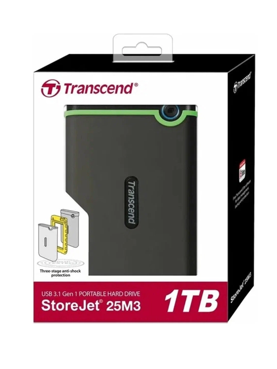Transcend 1TB StoreJet 25M3 tashqi qattiq disk, 2.5", USB 3.0, rezin qoplamali