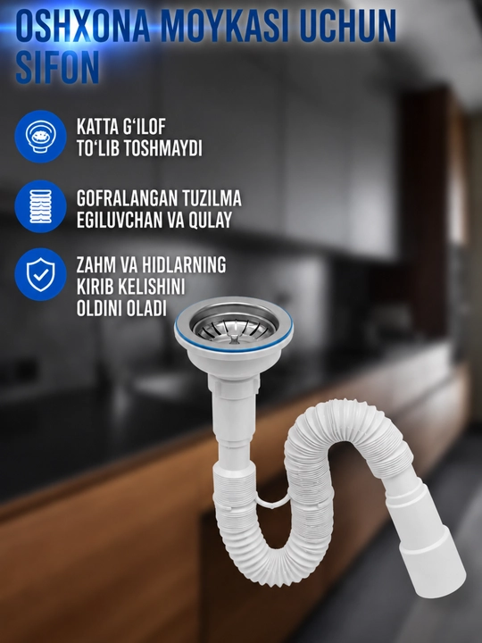 Oshxona sifoni, rakovina sifoni, drenaj quvuri, lavabo sifoni, egiluvchan sifon - 