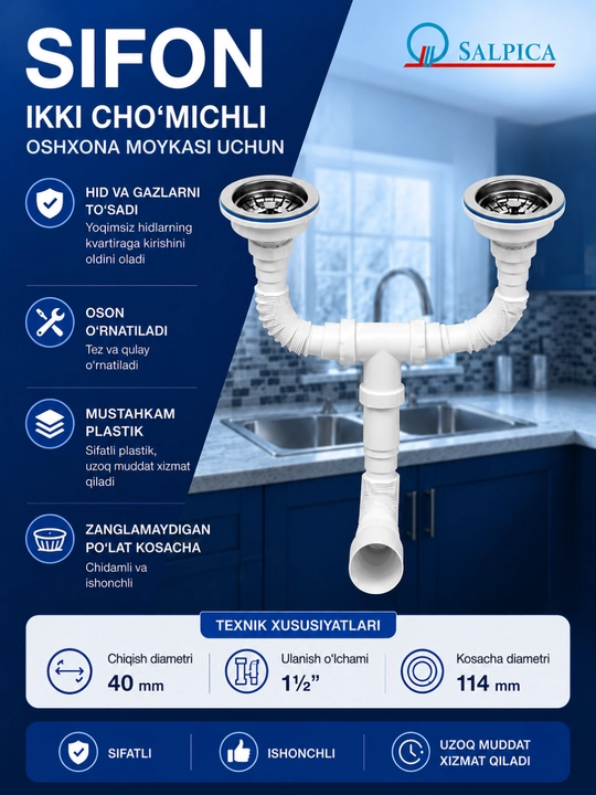 Ikki lavabo sifoni, qo‘shaloq sifon, oshxona sifoni, egiluvchan sifon, drenaj quvuri - 