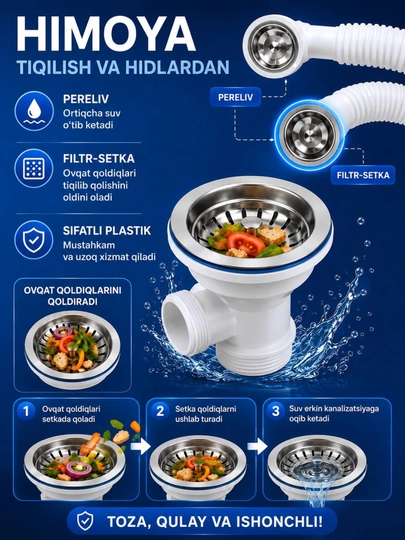 Ikki lavabo sifoni, qo‘shaloq sifon, oshxona sifoni, egiluvchan sifon, drenaj quvuri