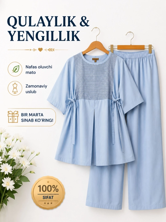 Ayollar uchun yozgi kostyum–ko'ylak va Palazzo shalvar komplekti premium sifat