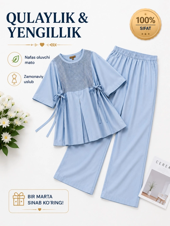 Ayollar uchun yozgi kostyum–ko'ylak va Palazzo shalvar komplekti premium sifat