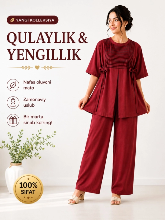 Ayollar uchun yozgi kostyum–ko'ylak va Palazzo shalvar komplekti premium sifat - 