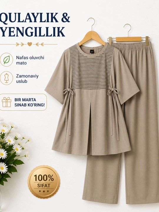 Ayollar uchun yozgi kostyum–ko'ylak va Palazzo shalvar komplekti premium sifat