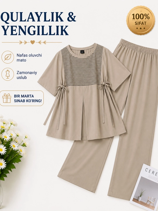 Ayollar uchun yozgi kostyum–ko'ylak va Palazzo shalvar komplekti premium sifat