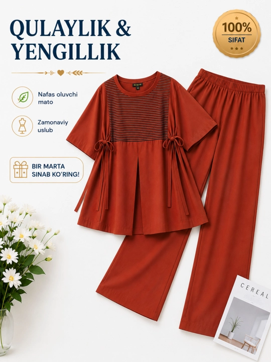 Ayollar uchun yozgi kostyum–ko'ylak va Palazzo shalvar komplekti premium sifat