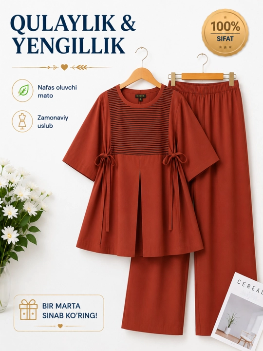 Ayollar uchun yozgi kostyum–ko'ylak va Palazzo shalvar komplekti premium sifat