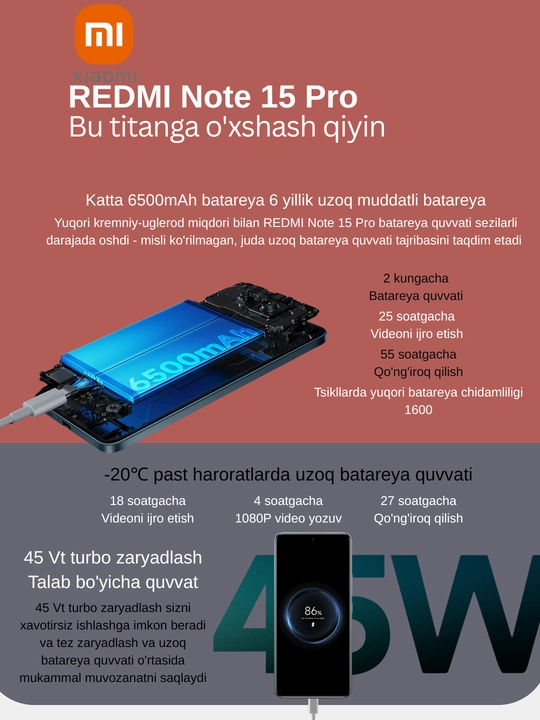 Смартфон Xiaomi Redmi Note 15 Pro 8/256,12/256 ГБ, проверено UzImei