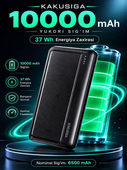 Power Bank KAKUSIGA 10000 мАч, 2 USB, Type-C, 5В/2А, черный
