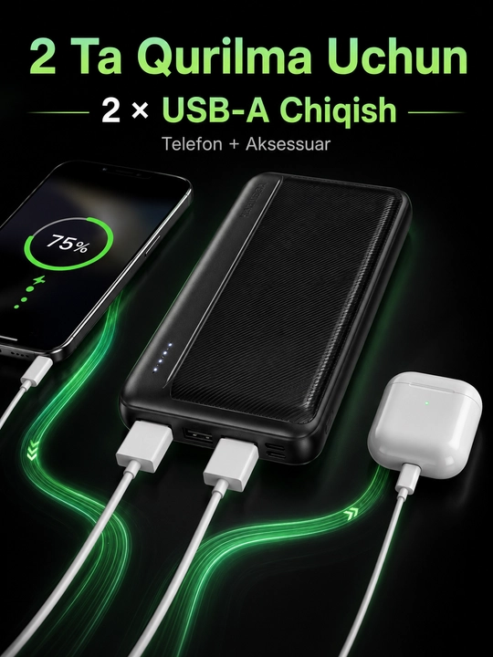 Power Bank KAKUSIGA 10000 мАч, 2 USB, Type-C, 5В/2А, черный