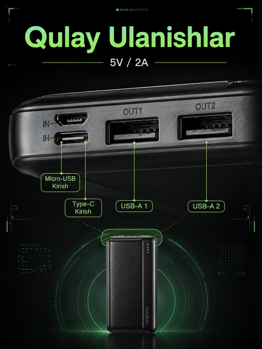 Power Bank KAKUSIGA 10000 мАч, 2 USB, Type-C, 5В/2А, черный