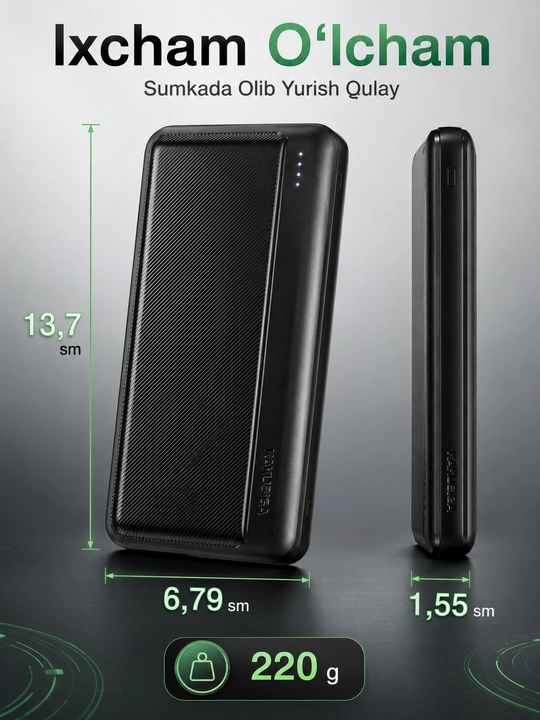 Power Bank KAKUSIGA 10000 мАч, 2 USB, Type-C, 5В/2А, черный