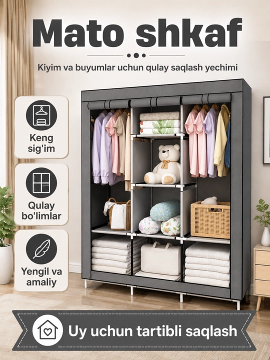 Kiyimlar uchun shkaf matoli buklanadigan, kiyim javoni tekstil - 