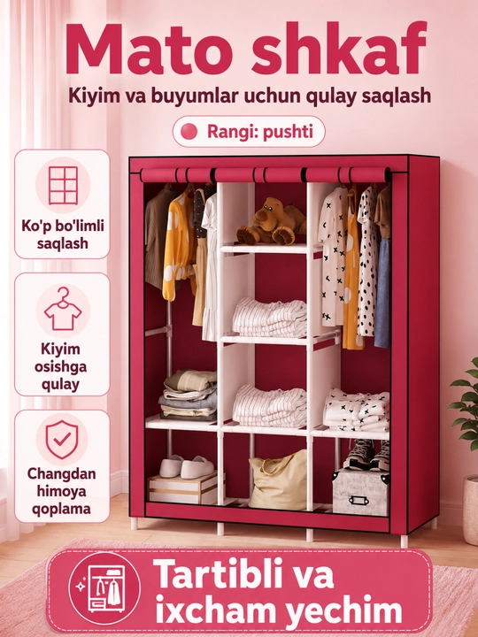 Kiyimlar uchun shkaf matoli buklanadigan, kiyim javoni tekstil - 