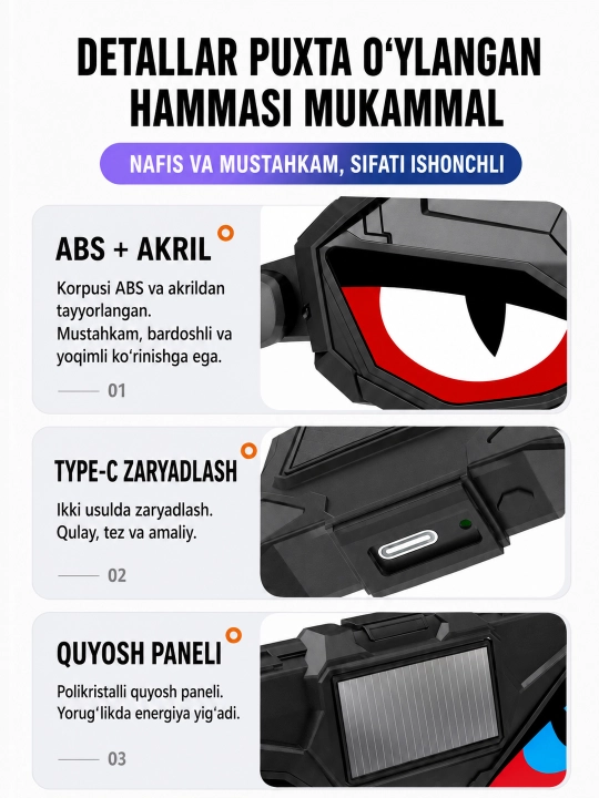 Светодиодный фонарь Devil Eyes для автомобиля, солнечная зарядка, Type-C, 5 режимов