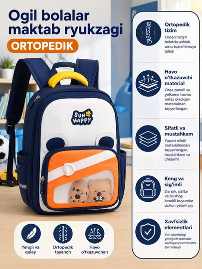 O‘g‘il bolalar uchun maktab ryukzagi, ortopedik, suv o‘tkazmaydigan, yengil sumka - 