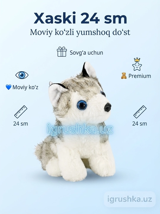 Zak Toys plyush haski, moviy ko‘zli, kulrang-oq