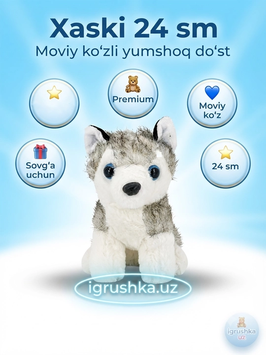 Zak Toys plyush haski, moviy ko‘zli, kulrang-oq